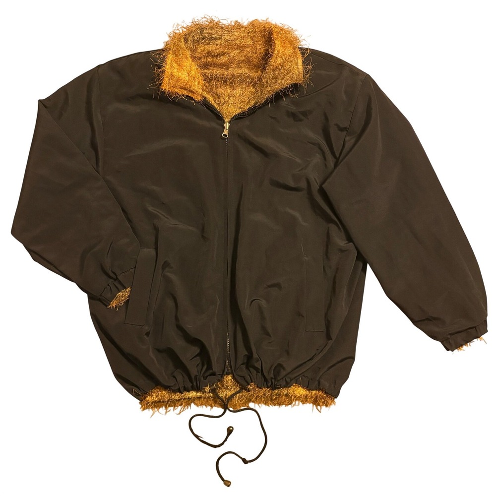 Valentina Reversible Faux Fur Shaggy Bomber Jacket Metallic Gold Black One Size